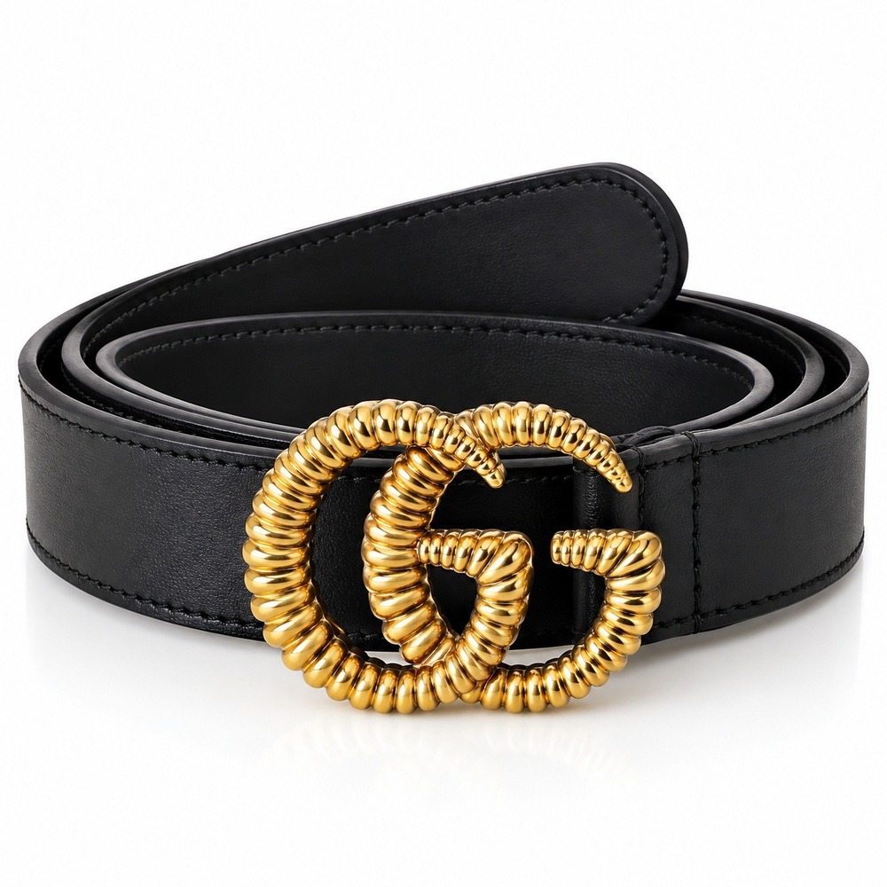 Authenticated Gucci GG Marmont Ribbed Buckle Belt Women Black Leather Gold Tone